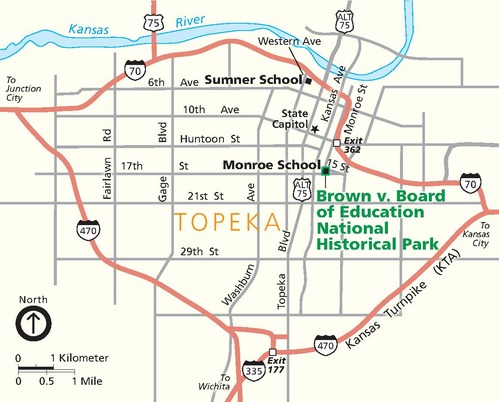 Map showing the location of Brown v. Board of Education National Historical Park in Topeka, Kansas. The park is a green square in a grid of city streets shown as gray lines. Surrounding areas are white, and highways are shown in red.