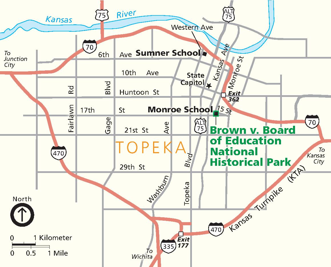 Map showing the location of Brown v. Board of Education National Historical Park in Topeka, Kansas. The park is a green square in a grid of city streets shown as gray lines. Surrounding areas are white, and highways are shown in red.