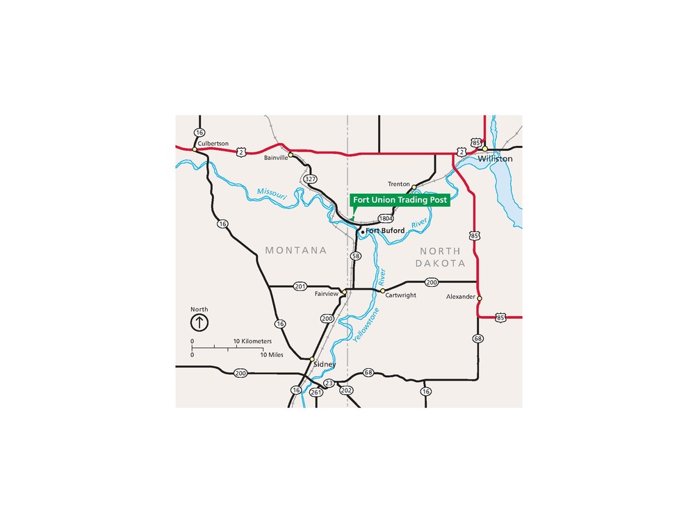 Map of Fort Union Trading Post National Historic Site in North Dakota. Shown as a kelly-green cluster of dots with a callout, the site is situated in the north central region of the map along a scoop of State Route 1804 just east of the border with Montana.