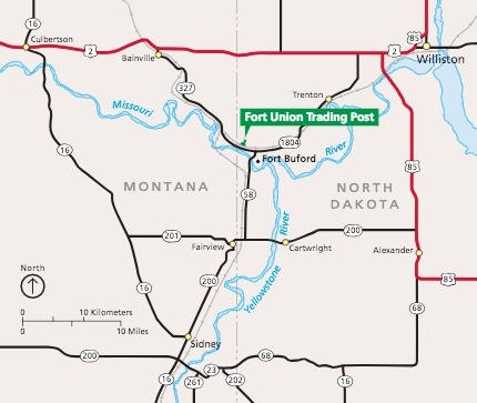 Map of Fort Union Trading Post National Historic Site in North Dakota. Shown as a kelly-green cluster of dots with a callout, the site is situated in the north central region of the map along a scoop of State Route 1804 just east of the border with Montana.