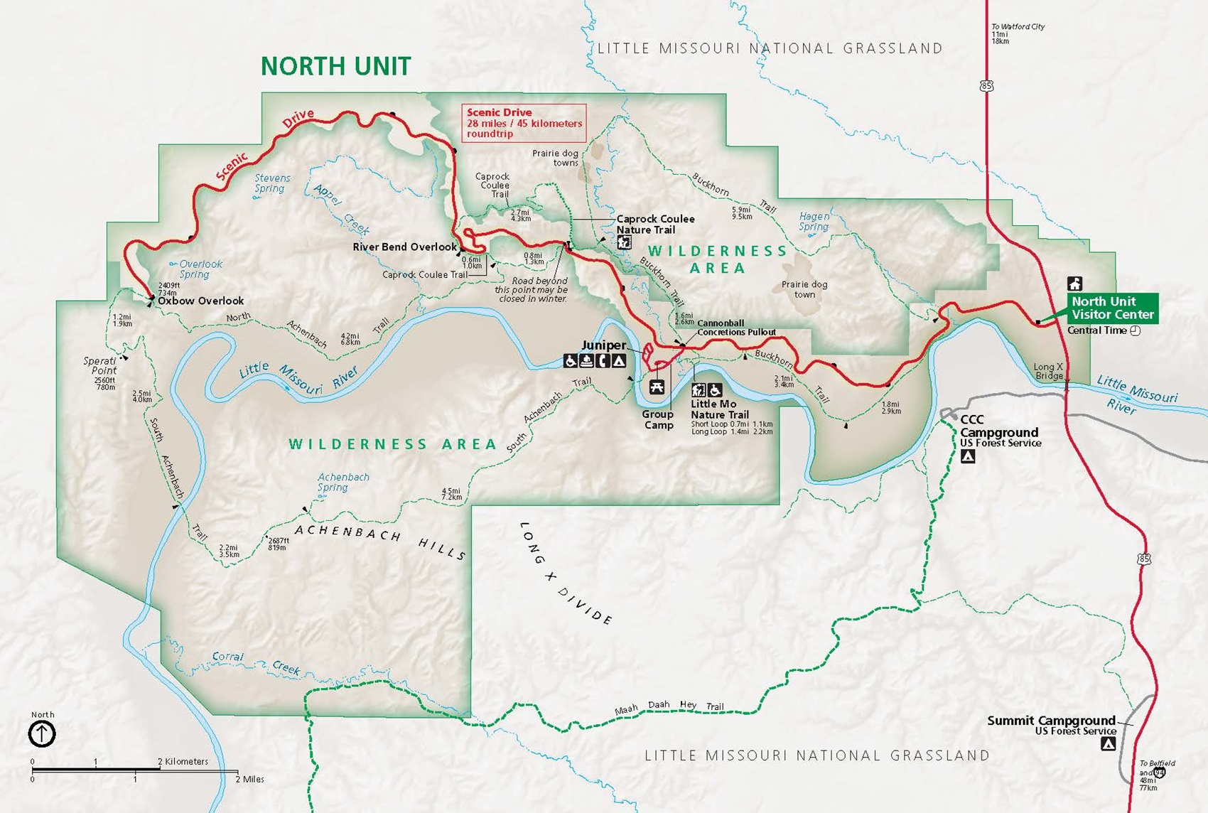 Map of the North Unit of Theodore Roosevelt National Park in North Dakota. A Scenic Drive, indicated in red, and the Little Missouri River in blue ripple through the park to the north, which is bounded by a green line. 