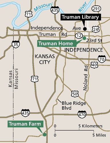 Area map for Harry S. Truman National Historic site, showing the locations of Truman Library and Truman Home in Independence, Missouri and Truman Farm to the southwest. Roads are marked in shades of darker brown against a lighter brown background. 
