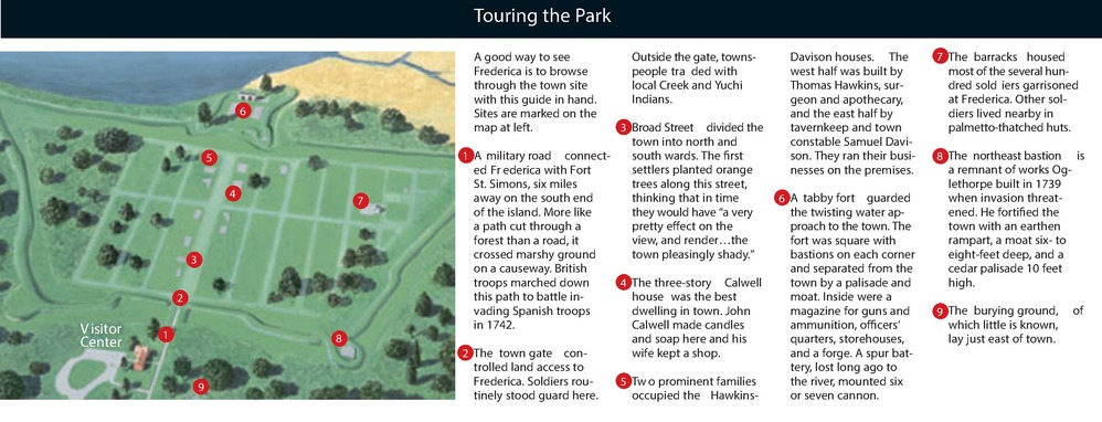 Map of Fort Frederica National Monument Park entitled “Touring the Park.” To the left is an illustration of the park with regimented green dotted with red numbered circles. On the right each numbered circle has an extended description.