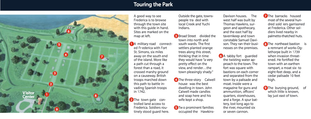 Map of Fort Frederica National Monument Park entitled “Touring the Park.” To the left is an illustration of the park with regimented green dotted with red numbered circles. On the right each numbered circle has an extended description.