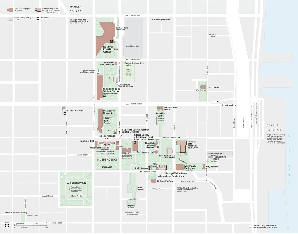 Map of Independence National Historical Park in Pennsylvania. The map shows a portion of the Philadelphia street grid. Areas of interest are highlighted in green with park buildings shown in brown. Streets are represented by labeled white lines.