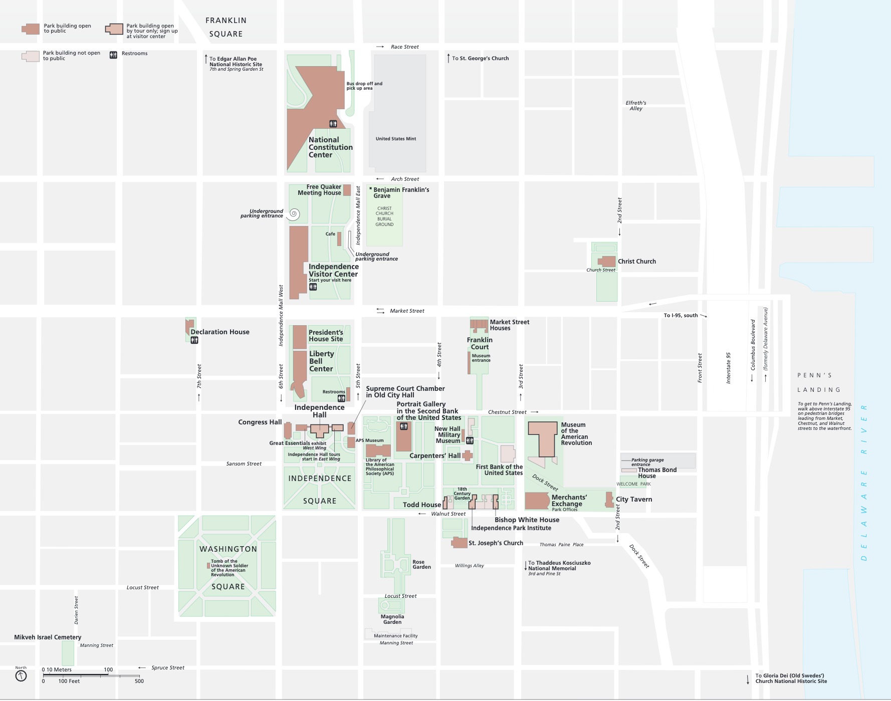 Map of Independence National Historical Park in Pennsylvania. The map shows a portion of the Philadelphia street grid. Areas of interest are highlighted in green with park buildings shown in brown. Streets are represented by labeled white lines.