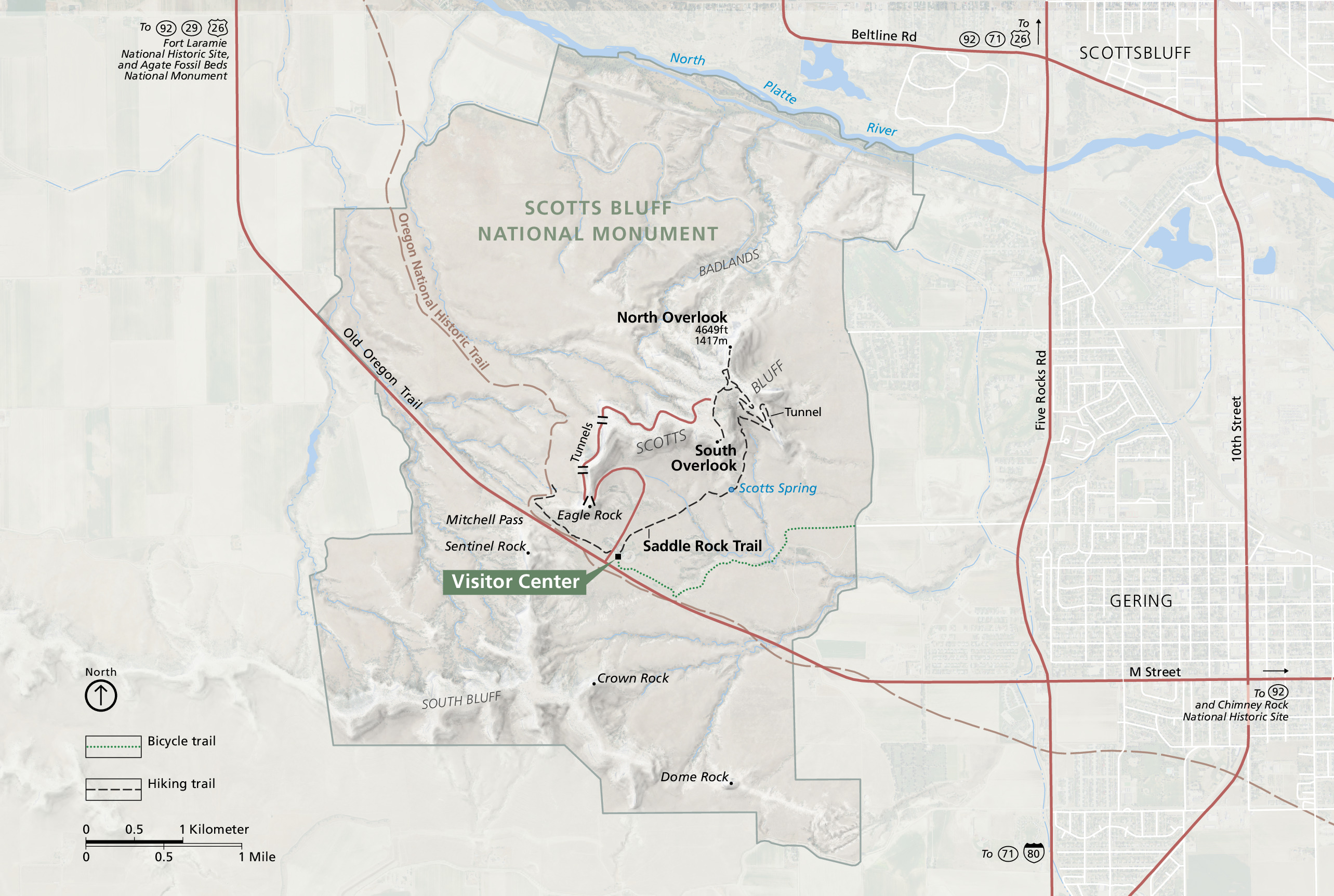 Map of Scott Bluff National Monument in Nebraska. The park is shown in tan and the surrounding area outside the park is a lighter shade. Traveling northwest, the Old Oregon Trail spans the map and cuts through the park.