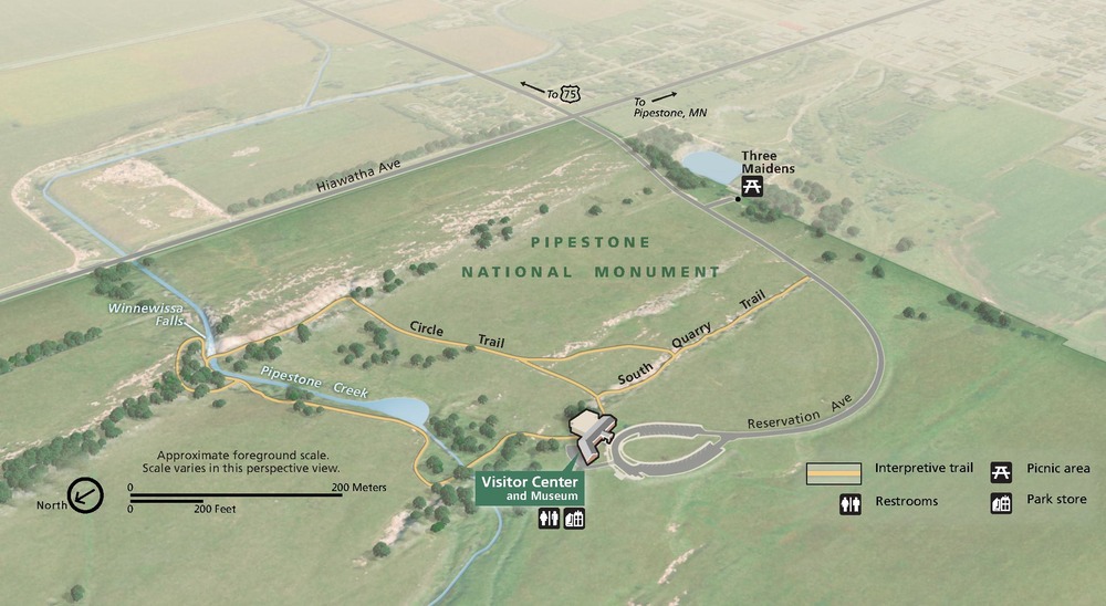 Perspective map of Pipestone National Monument in Minnesota. The park is shown in darker green and the surrounding areas are faded. Bushes dot the flat terrain and Pipestone Creek, shown in blue, and an interpretive trail in yellow wind through the park.