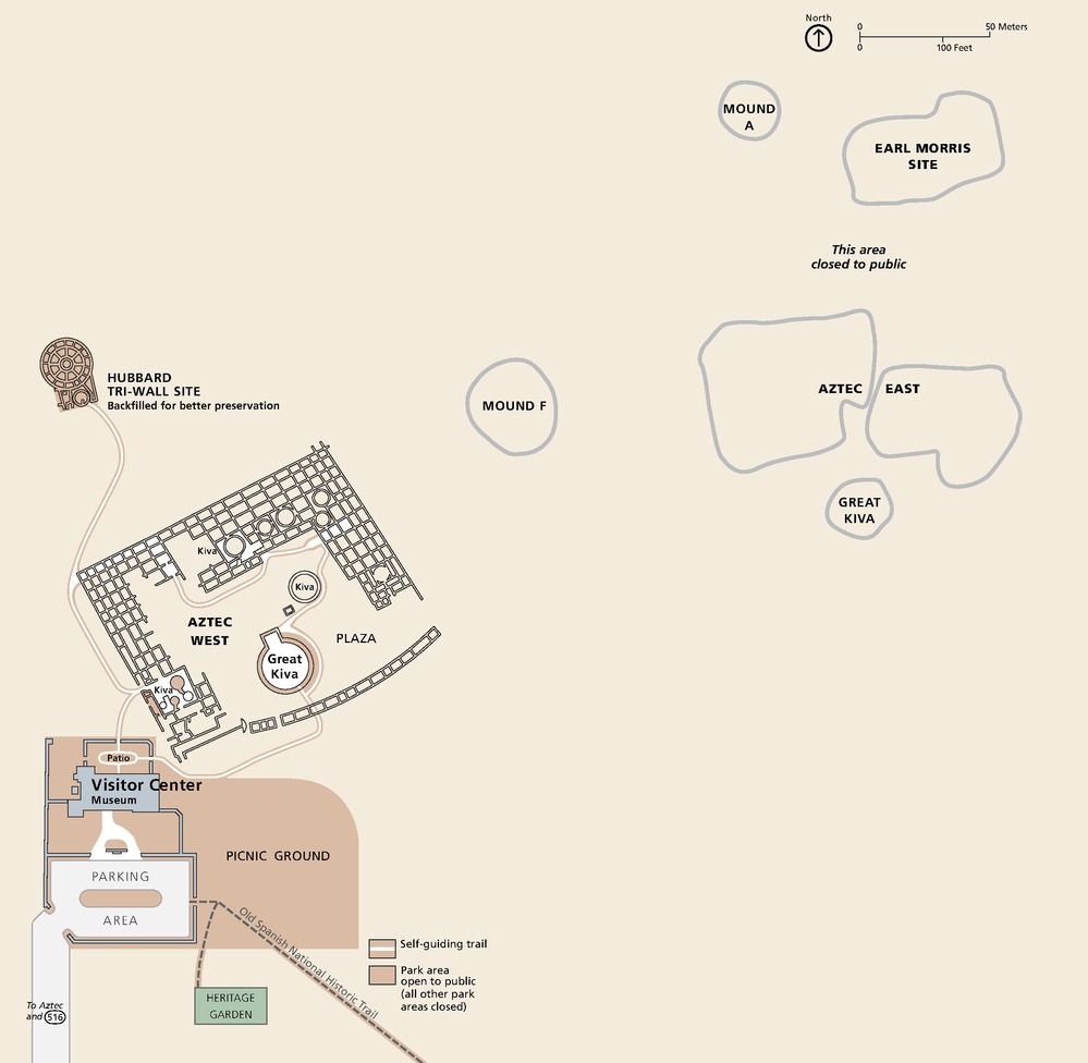 Park map of the Aztec Ruins National Monument in New Mexico. Park sites are clustered mostly in the lower left corner of the map with organic shapes outlined in gray in the upper right corner.