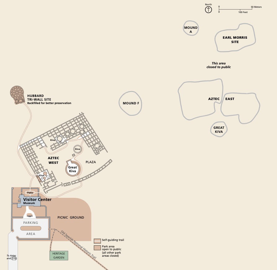 Park map of the Aztec Ruins National Monument in New Mexico. Park sites are clustered mostly in the lower left corner of the map with organic shapes outlined in gray in the upper right corner.