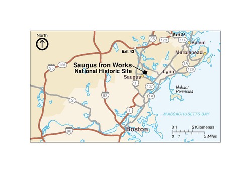 Map of Saugus Iron Works National Historic Site in Massachusetts. Areas around Salem, Marblehead, Lynn, and Boston along the east coast are shown in beige and the surrounding regions in darker tan. The Massachusetts Bay to the east is blue.