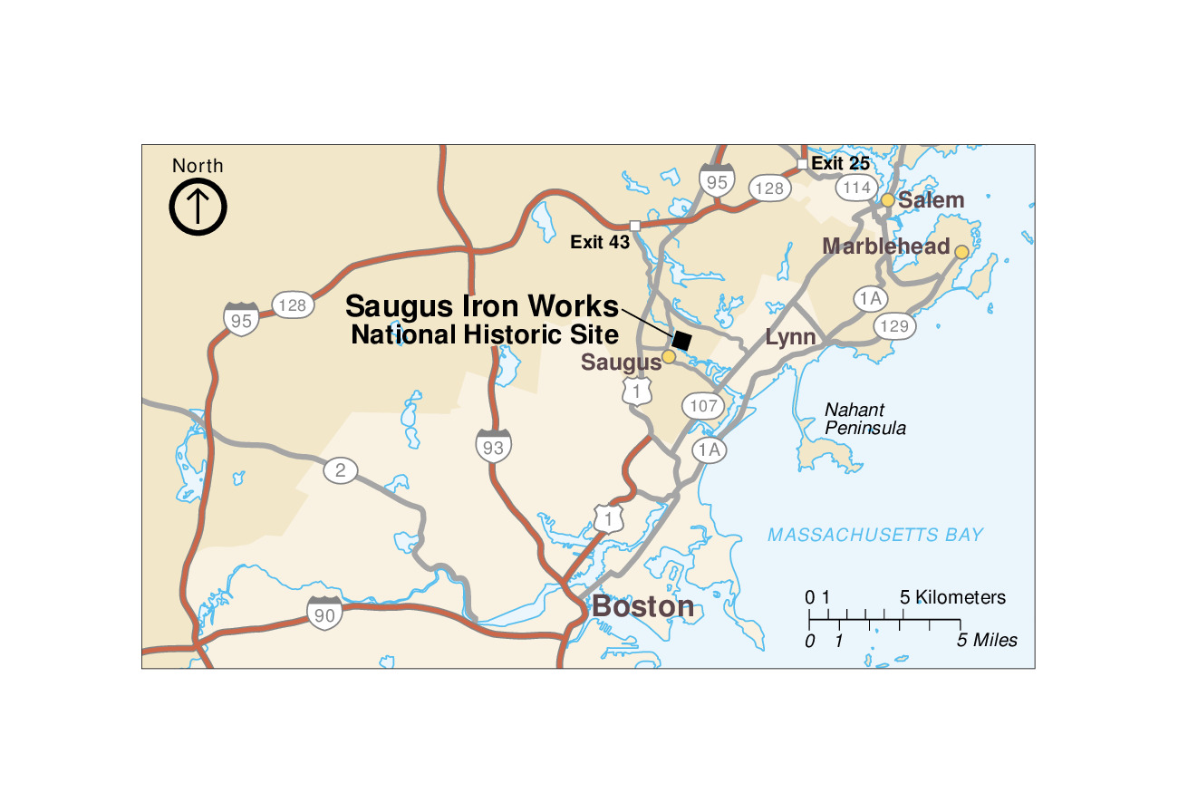 Map of Saugus Iron Works National Historic Site in Massachusetts. Areas around Salem, Marblehead, Lynn, and Boston along the east coast are shown in beige and the surrounding regions in darker tan. The Massachusetts Bay to the east is blue.