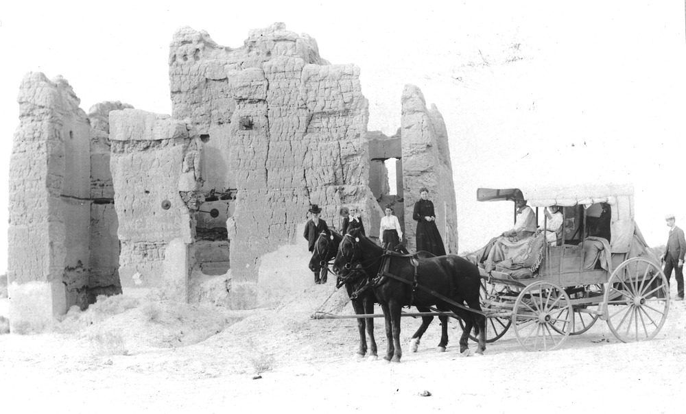 TheFlorence stage at the south side of the Casa Grande between 1888-1899. (CG-5030)
