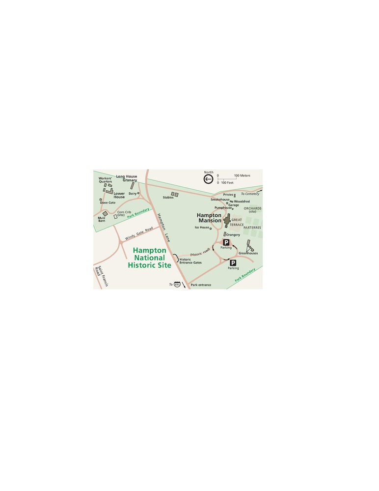 Map of Hampton National Historic Site in Maryland. Two, connected, funnel-shaped park areas are shown in pale green. Surrounding areas are shown in tan and the roads in dark pink.