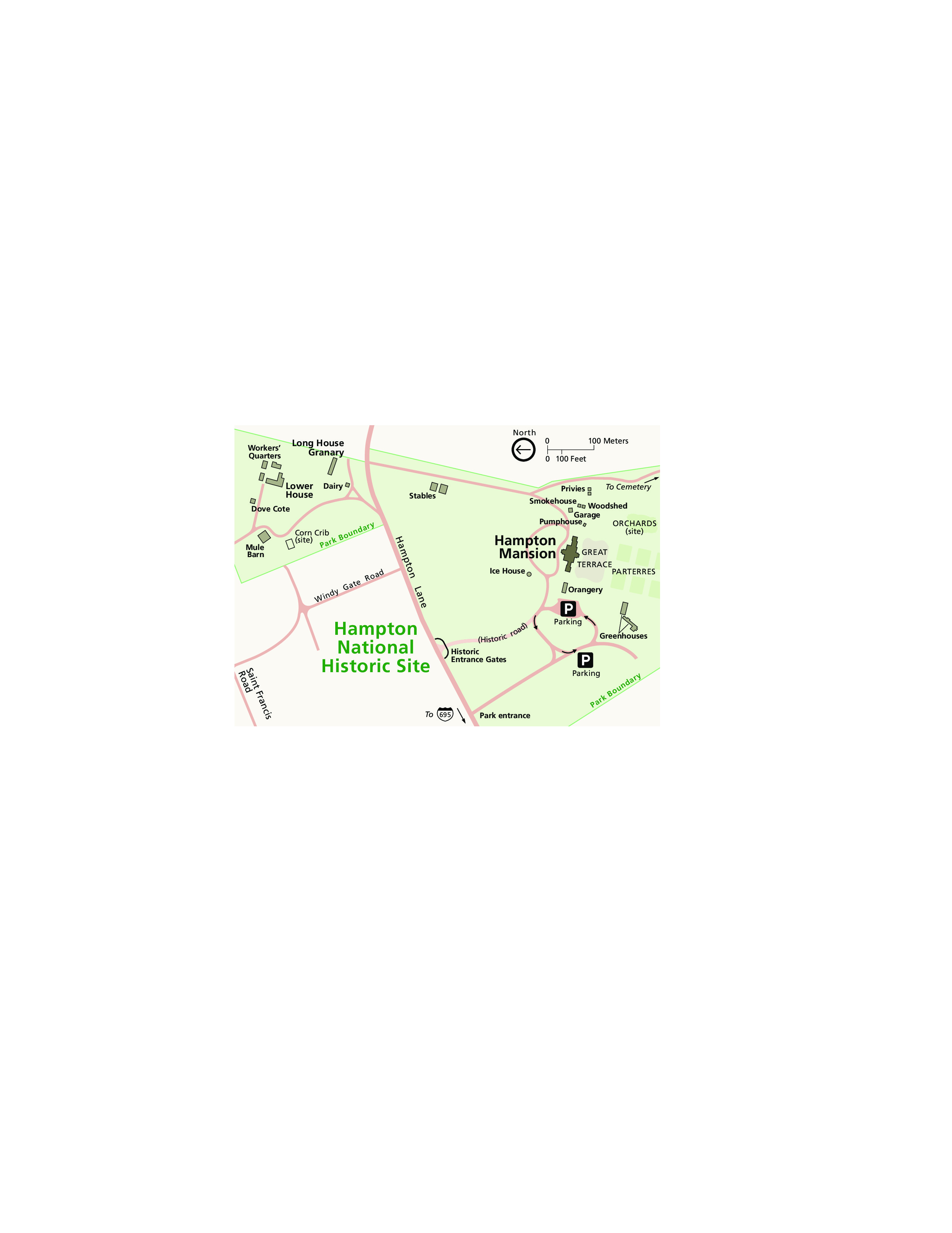 Map of Hampton National Historic Site in Maryland. Two, connected, funnel-shaped park areas are shown in pale green. Surrounding areas are shown in tan and the roads in dark pink.