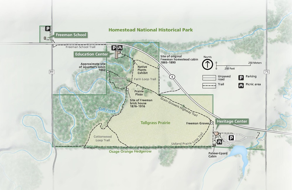 Map of Homestead National Historical Park in Nebraska. The upside-down T-shaped park is outlined in green, and the surrounding areas fade beyond the park border.