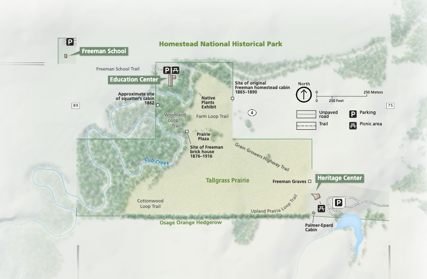Map of Homestead National Historical Park in Nebraska. The upside-down T-shaped park is outlined in green, and the surrounding areas fade beyond the park border.