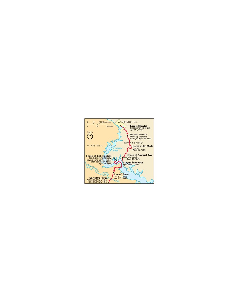 Map shows the route John Wilkes Booth took after shooting Abraham Lincoln. It begins at Ford’s Theatre in Washington, DC and moves south through Maryland before crossing the Potomac River and ending in Virginia.
