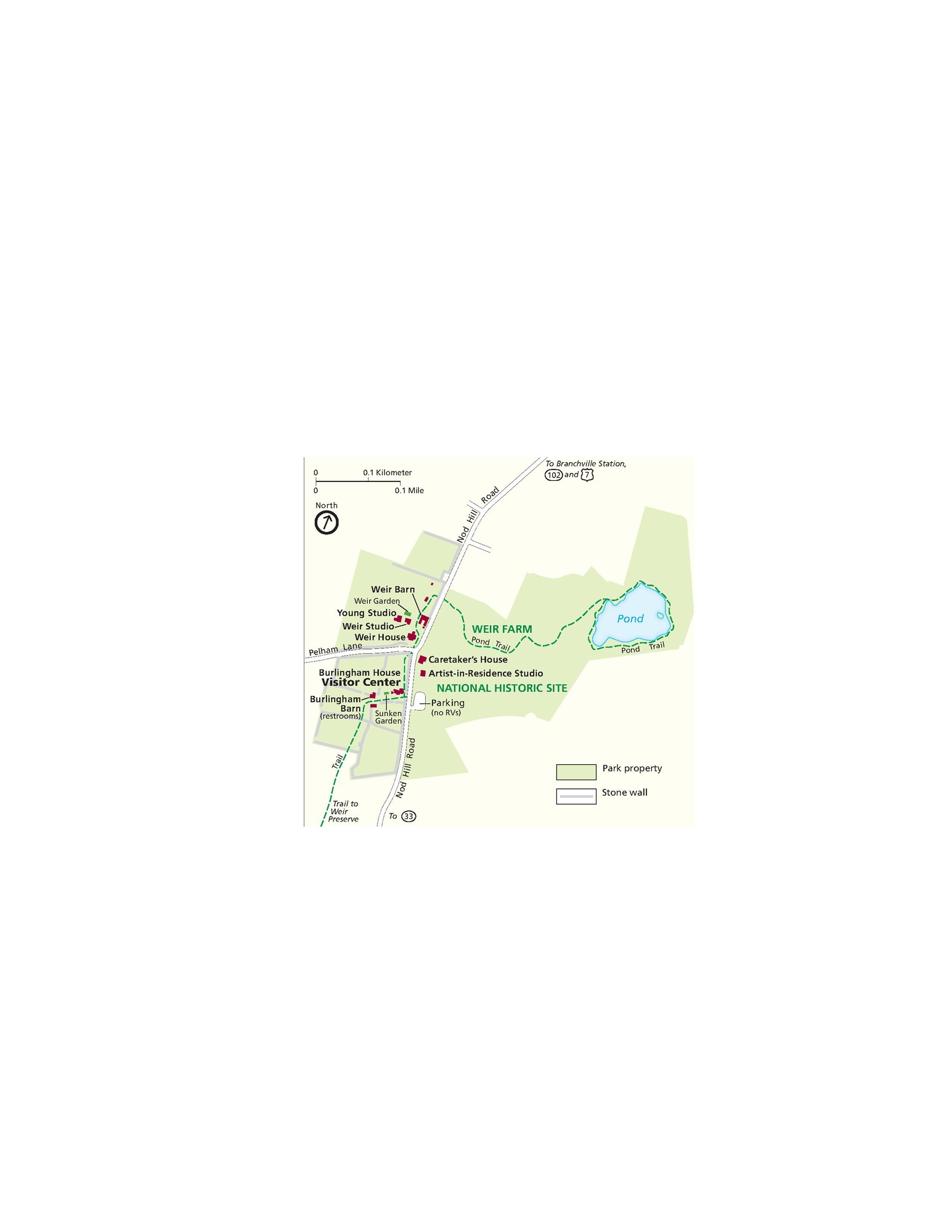Map of Weir Farm National Historic Site in Connecticut. Park property is indicated in green and the surrounding areas in tan.