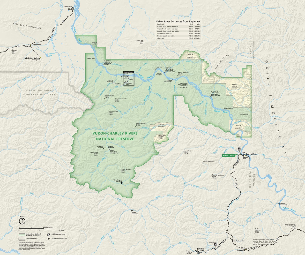Map of Yukon-Charley Rivers National Preserve in Alaska. The preserve is shown in sage green with a darker green boundary. Three paler, yellow areas representing private property are to the right, and the surrounding terrain is beige. 