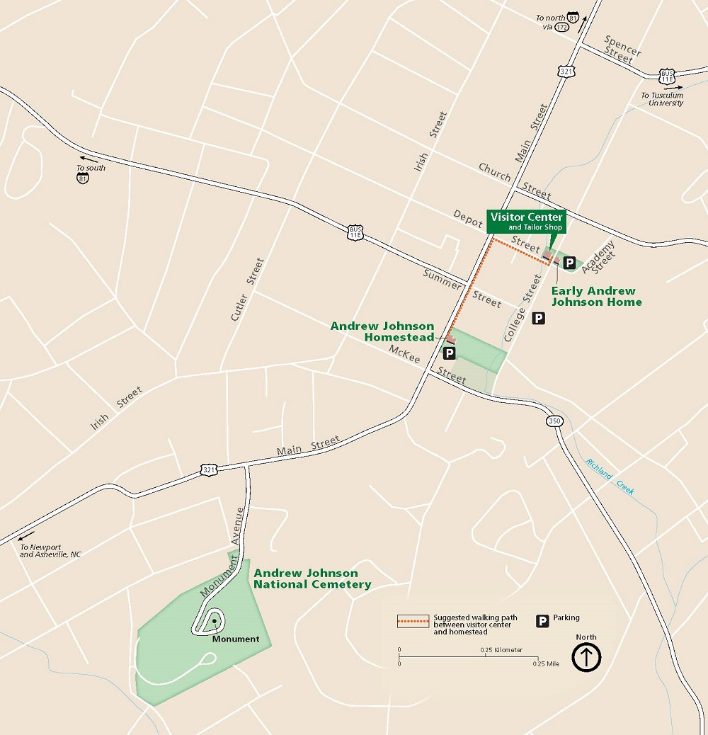 Map of Andrew Johnson National Historic Site in Tennessee. Three park sites are shaded in green against a tan background and roads shown as white lines.