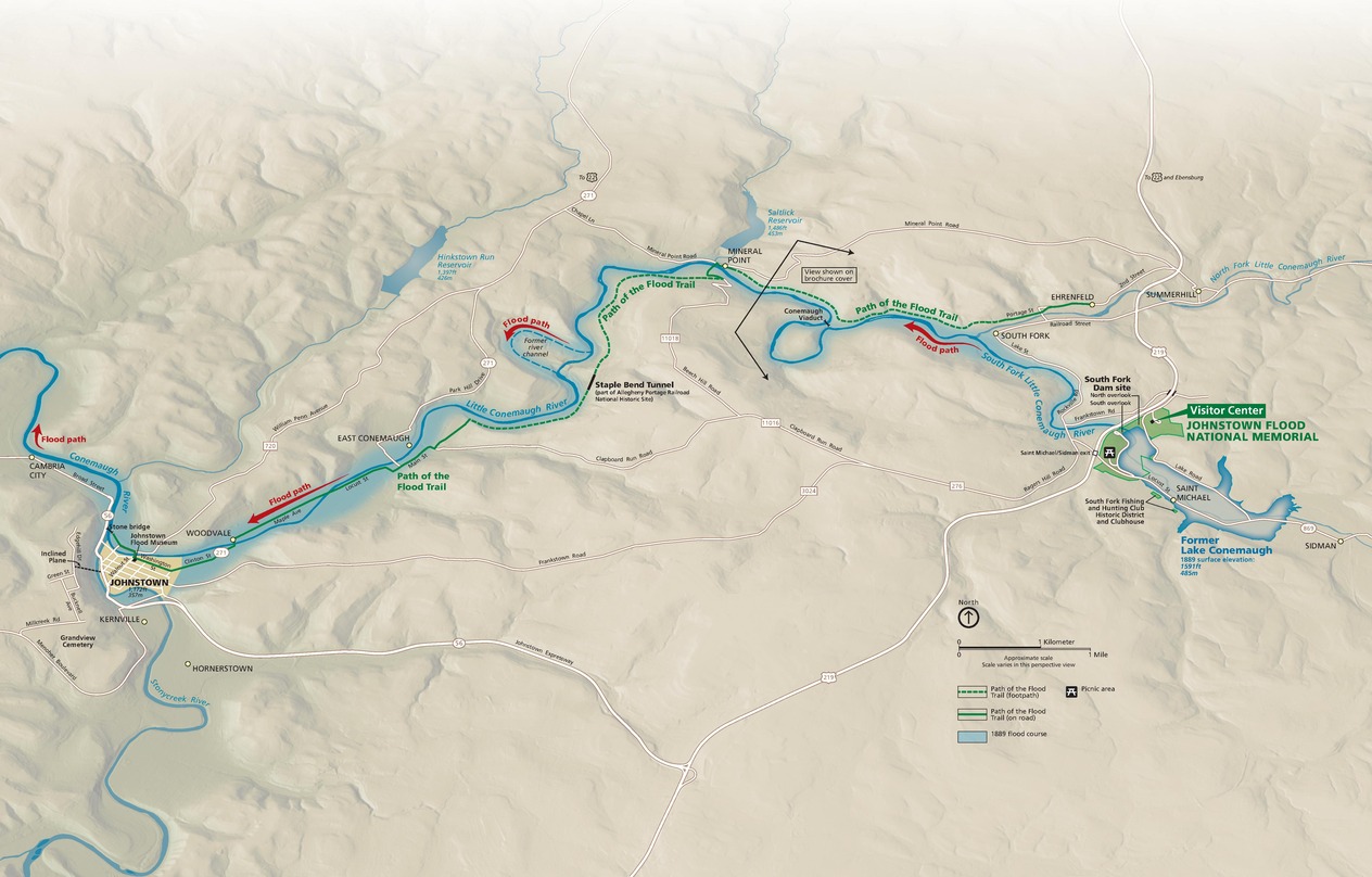 Map showing the flood path of the Johnstown Flood as part of the Johnstown Flood National Memorial in Pennsylvania. The map is mostly tan with the flood area shown in blue and red arrows showing the direction of the moving water.