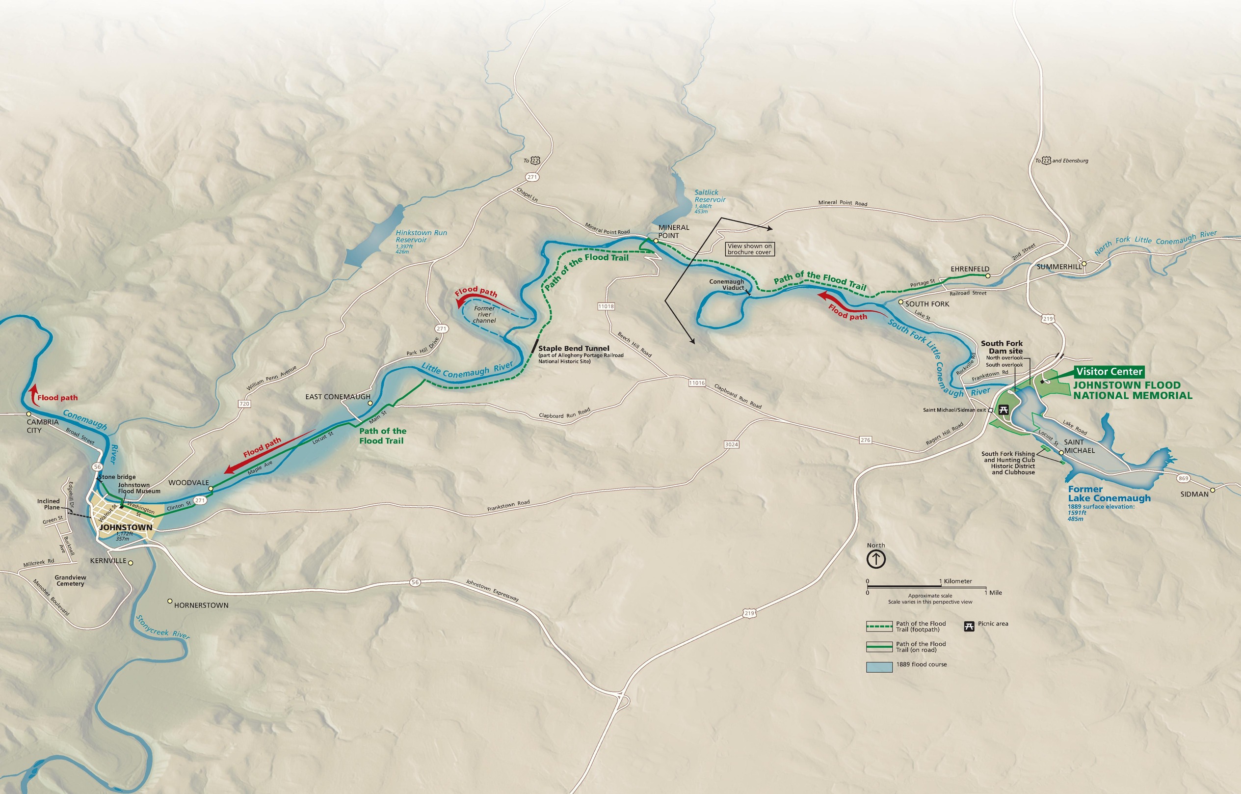 Map showing the flood path of the Johnstown Flood as part of the Johnstown Flood National Memorial in Pennsylvania. The map is mostly tan with the flood area shown in blue and red arrows showing the direction of the moving water.