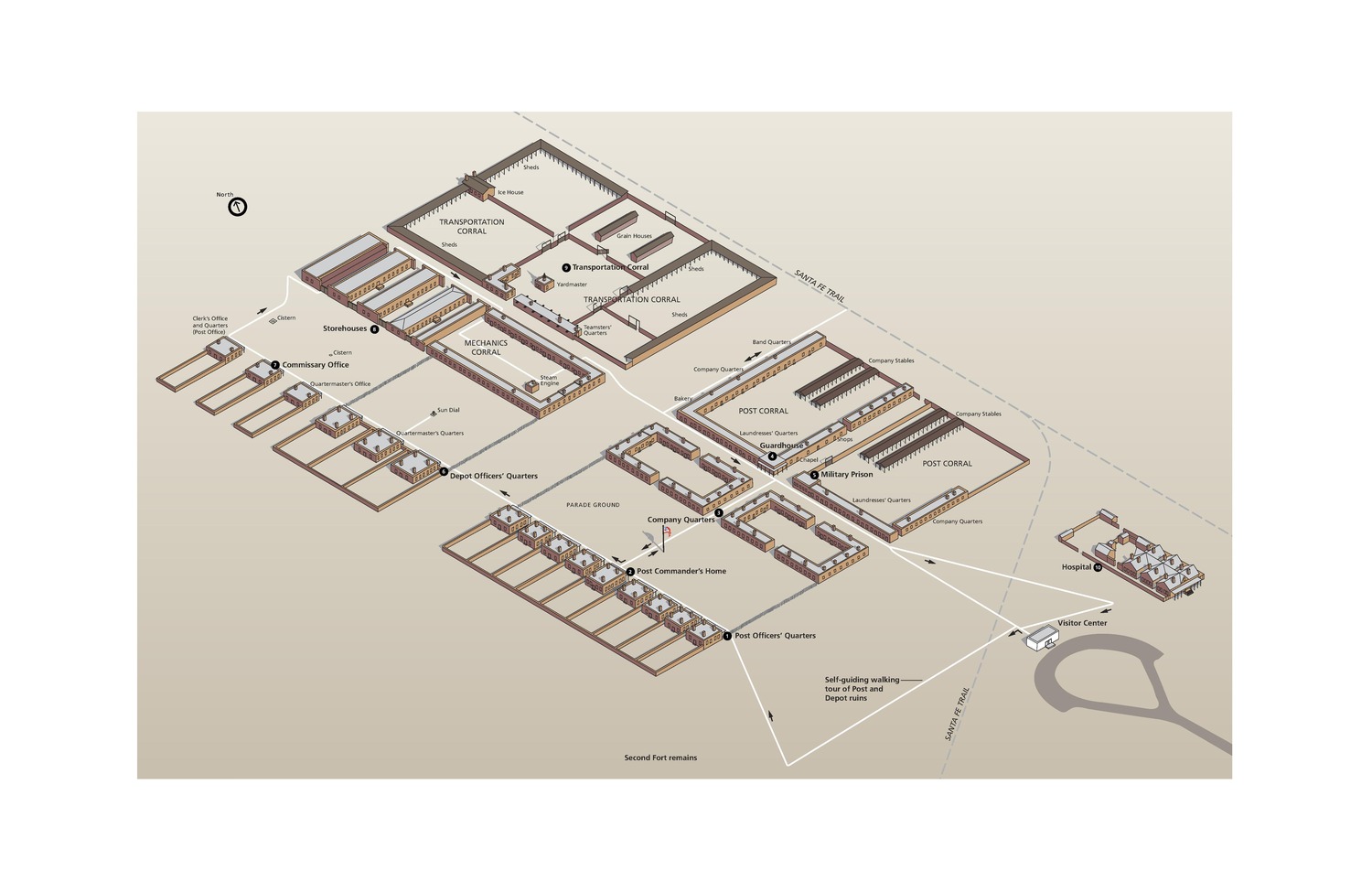 Map of the buildings at Fort Union National Monument in New Mexico. The background is beige with the park buildings shown in perspective in brown, as if from slightly above the site. Trails between the buildings are represented by white solid lines, and the Santa Fe Trail is represented by a gray dashed line.