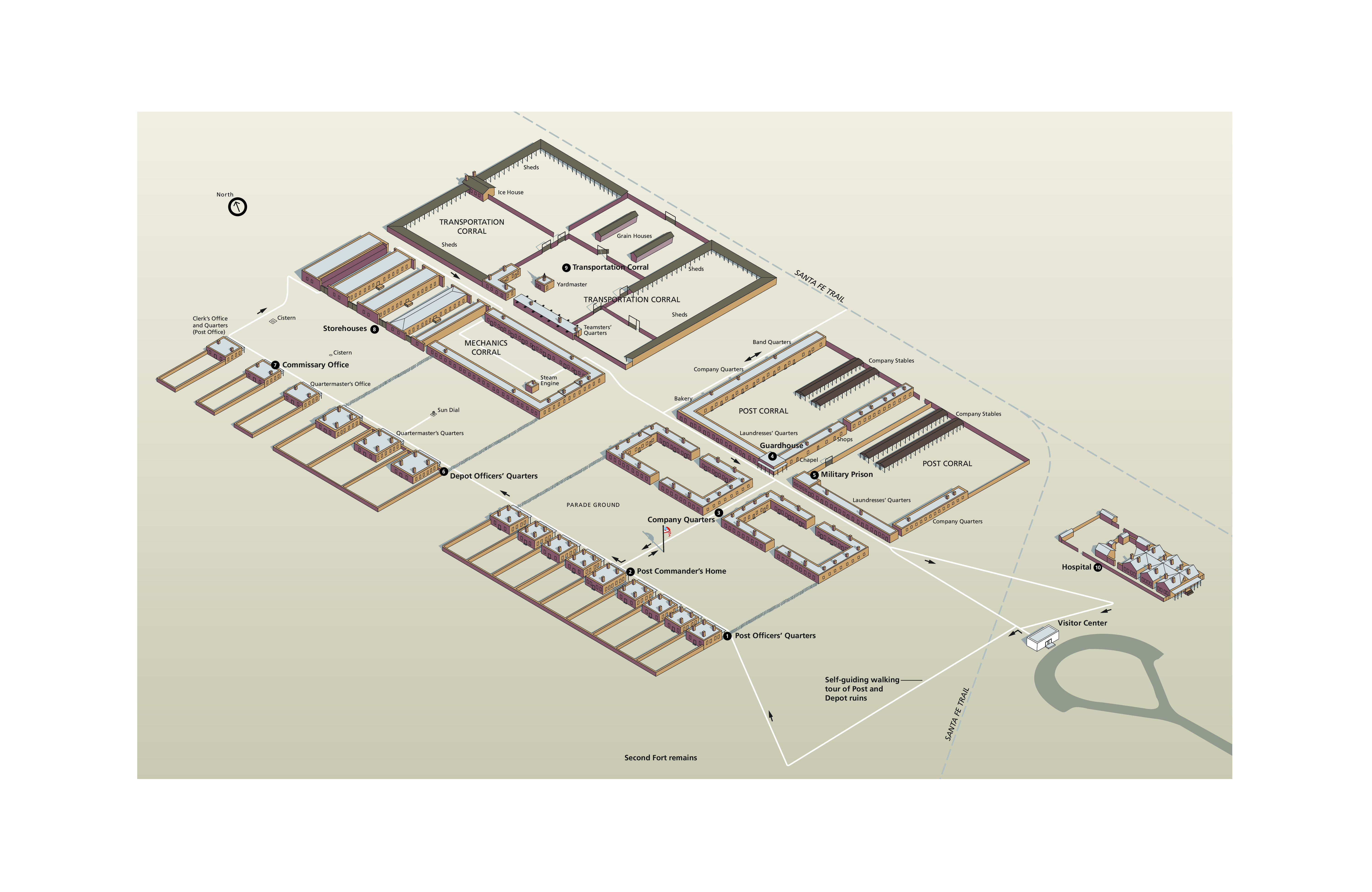 Map of the buildings at Fort Union National Monument in New Mexico. The background is beige with the park buildings shown in perspective in brown, as if from slightly above the site. Trails between the buildings are represented by white solid lines, and the Santa Fe Trail is represented by a gray dashed line.