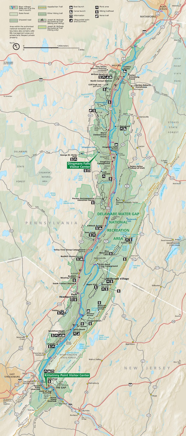 Map of Delaware Water Gap National Recreation Area in New Jersey. The park is shown in green with the surrounding area in beige. It stretches along the Delaware River between mile markers 210 and 250.
