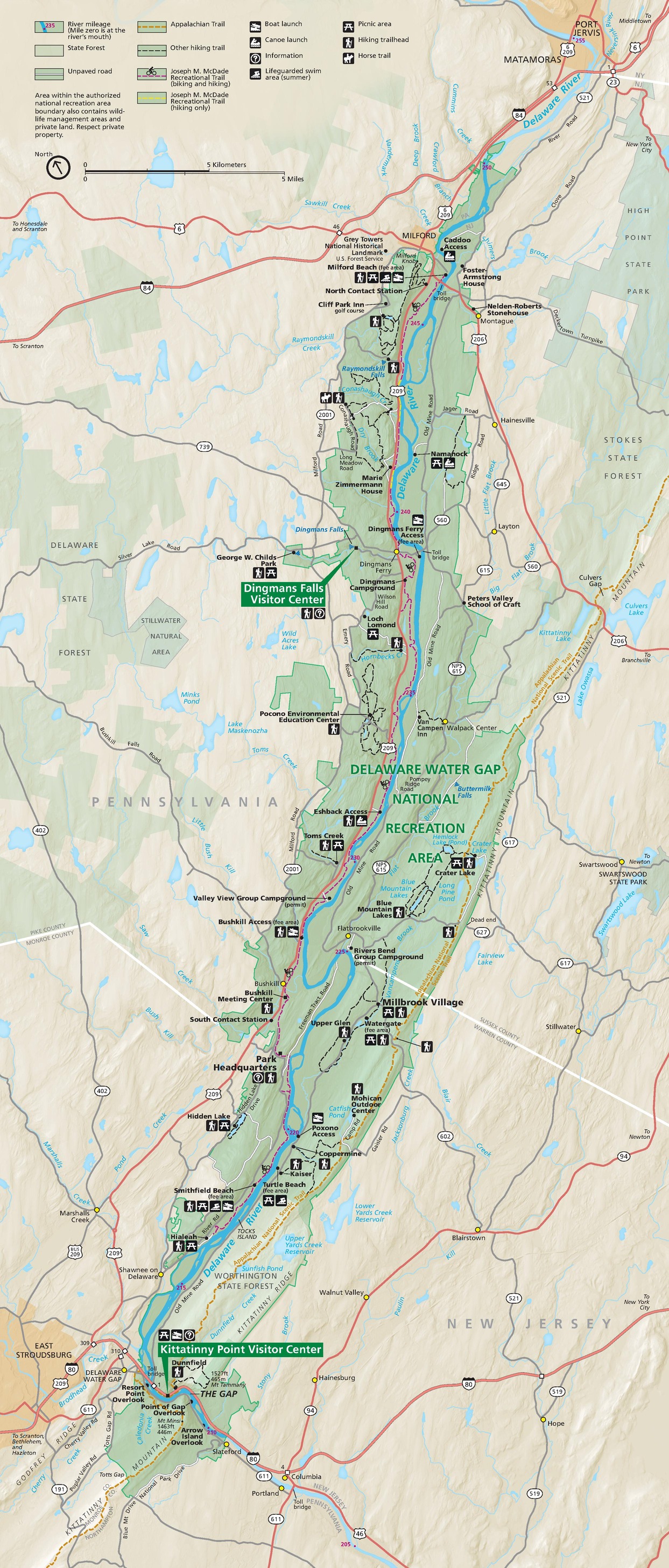 Map of Delaware Water Gap National Recreation Area in New Jersey. The park is shown in green with the surrounding area in beige. It stretches along the Delaware River between mile markers 210 and 250.