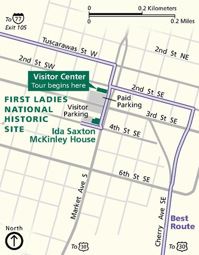 Map of First Ladies National Historic Site in Ohio, which includes an Education Center and the Ida Saxton McKinley House, both along Market Avenue South between 2nd Street Southwest and 4th Street Southwest. Park areas are marked in green, and a blue line shows the best route around them.