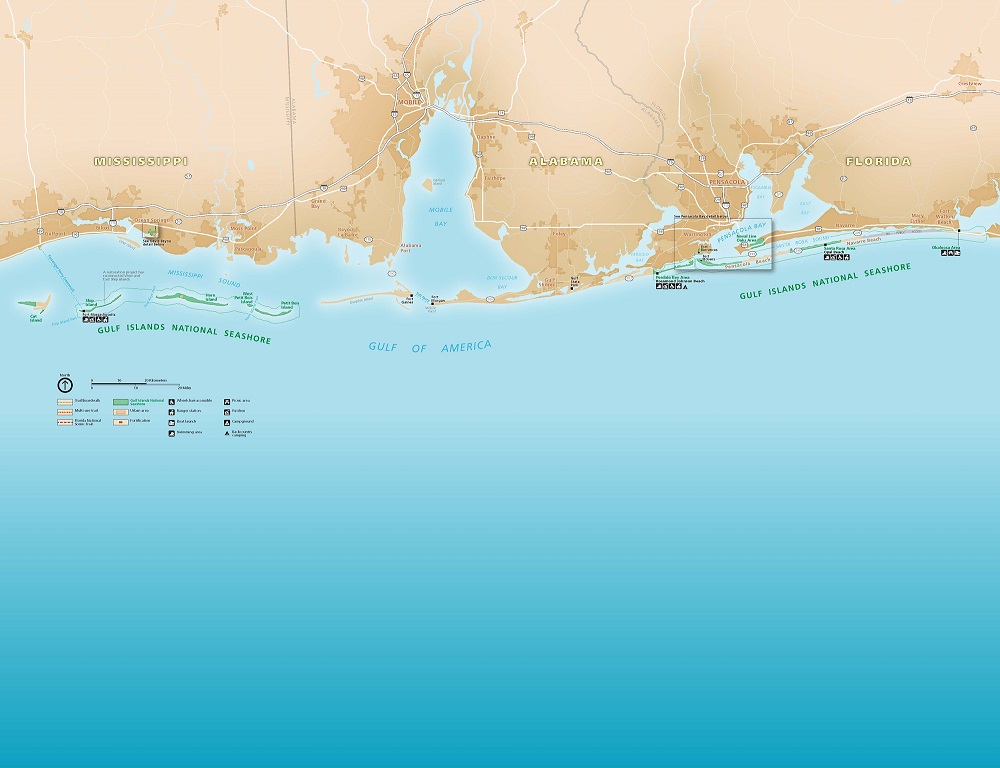 Map of Gulf Islands National Seashore, which includes southern coastlines in Mississippi, Alabama, and Florida. The land is shown in shades of brown, park areas as green, and the water as blue.