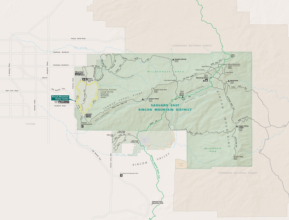 Map of Saguaro East Rincon Mountain District, the eastern unit of Saguaro National Park in Arizona. The L-shaped park is green, with the Coronado National Forest in tan, and the non-park boundary areas in beige..