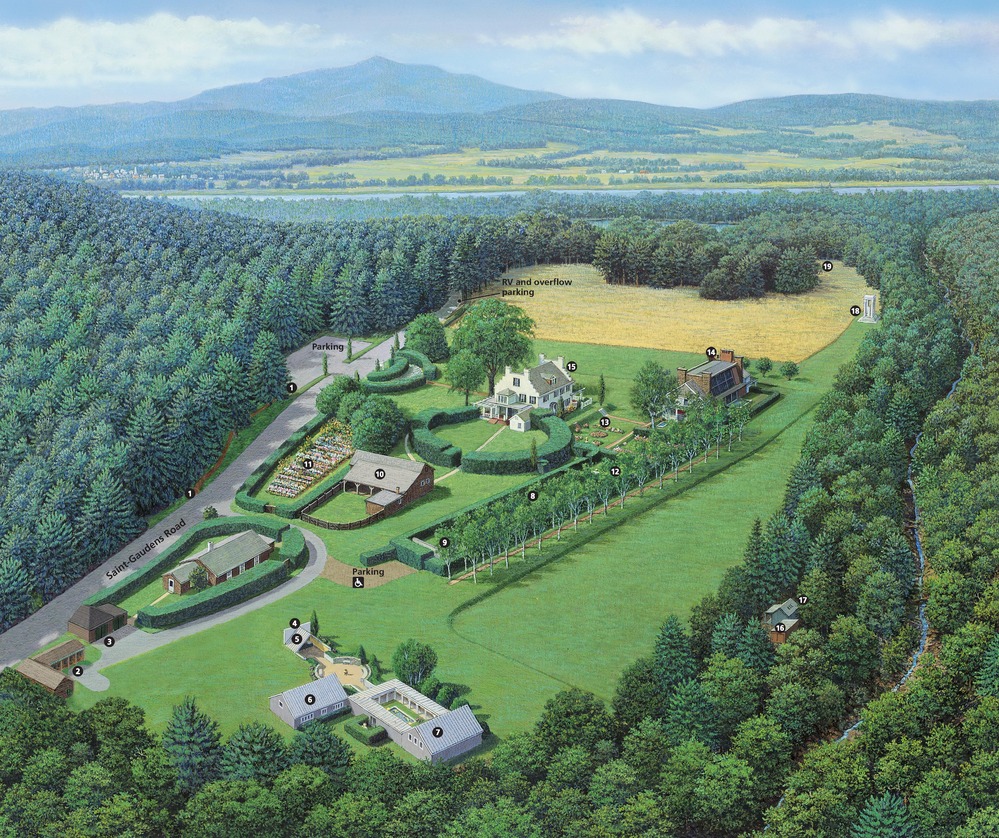 3D map of Saint-Gaudens National Historical Park in New Hampshire showing a detailed, full-color illustration of buildings and sites within the park. The park is surrounded by lush woodlands with a large body of water in the distance. Nineteen sites are numbered with white text in black circles.