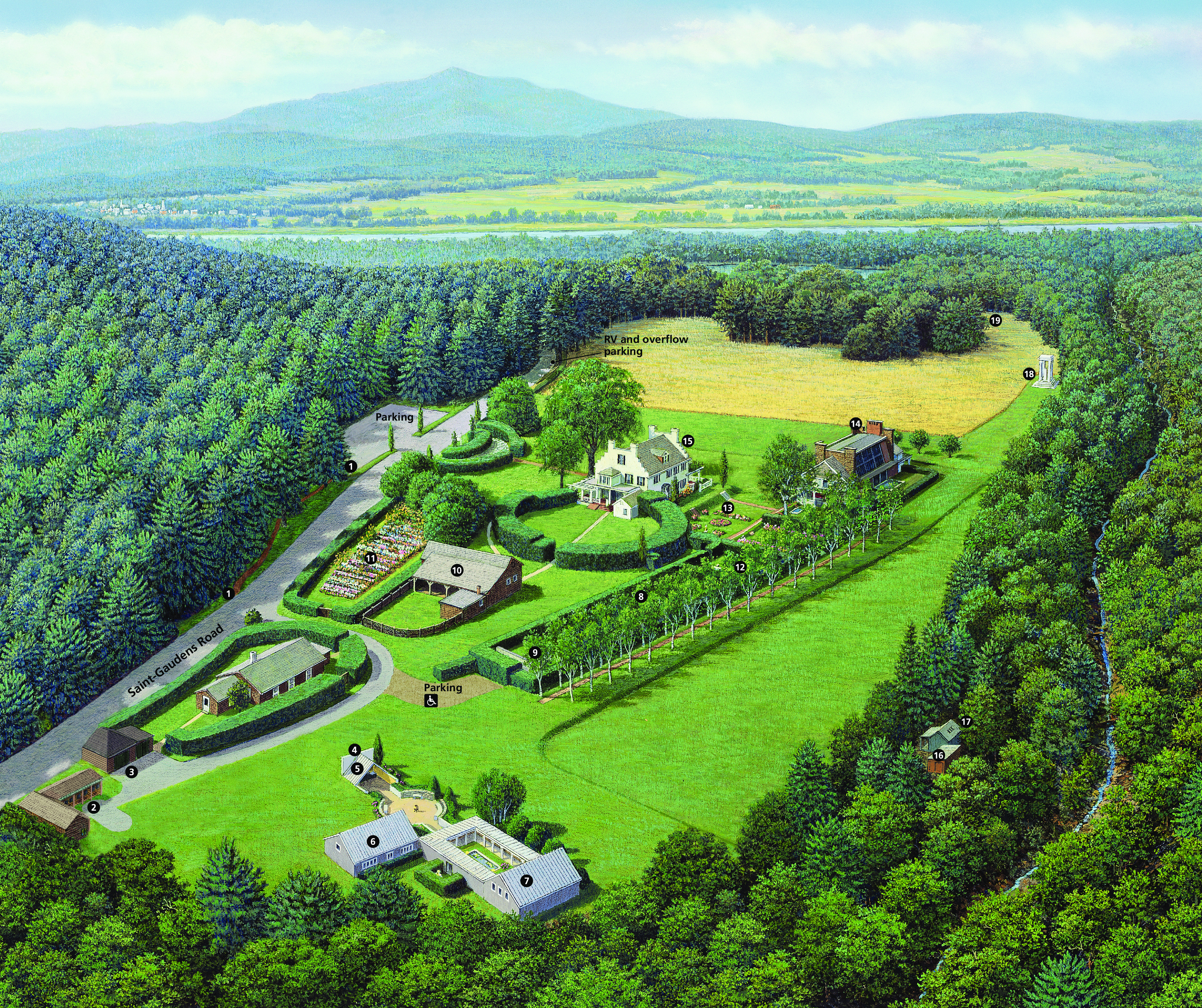 3D map of Saint-Gaudens National Historical Park in New Hampshire showing a detailed, full-color illustration of buildings and sites within the park. The park is surrounded by lush woodlands with a large body of water in the distance. Nineteen sites are numbered with white text in black circles.