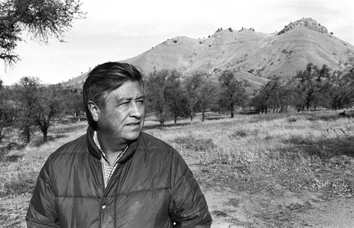 Cesar Chavez stands in the foreground wearing a jacket in an open grassy field with three mountain peaks in the distance behind him.