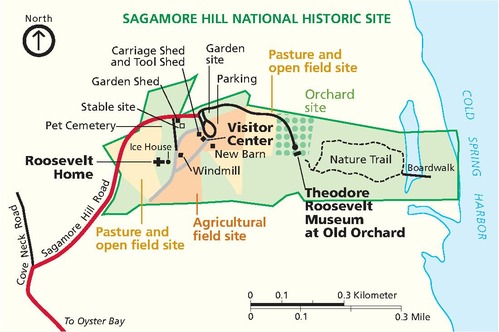 Map of Sagamore Hill National Historic Site in New York. The park is outlined in green and filled in with a lighter shade. Some areas are shown in yellow or orange. Points of interest in the park are marked by black boxes, and the surrounding area is beige.