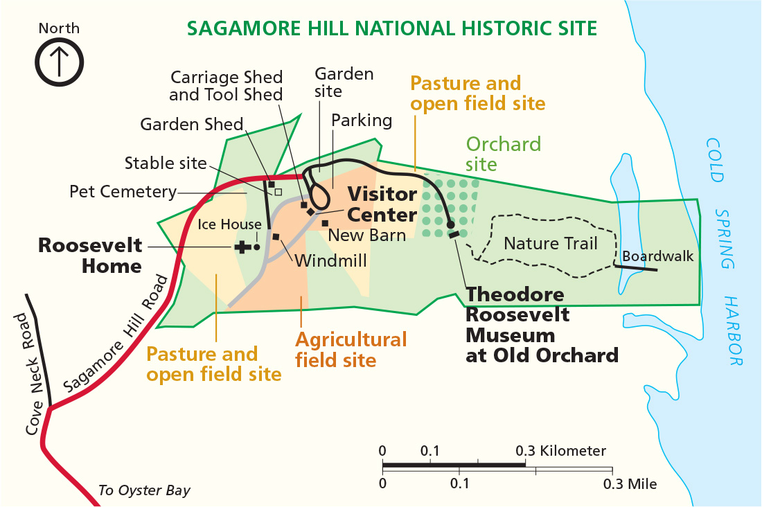 Map of Sagamore Hill National Historic Site in New York. The park is outlined in green and filled in with a lighter shade. Some areas are shown in yellow or orange. Points of interest in the park are marked by black boxes, and the surrounding area is beige.