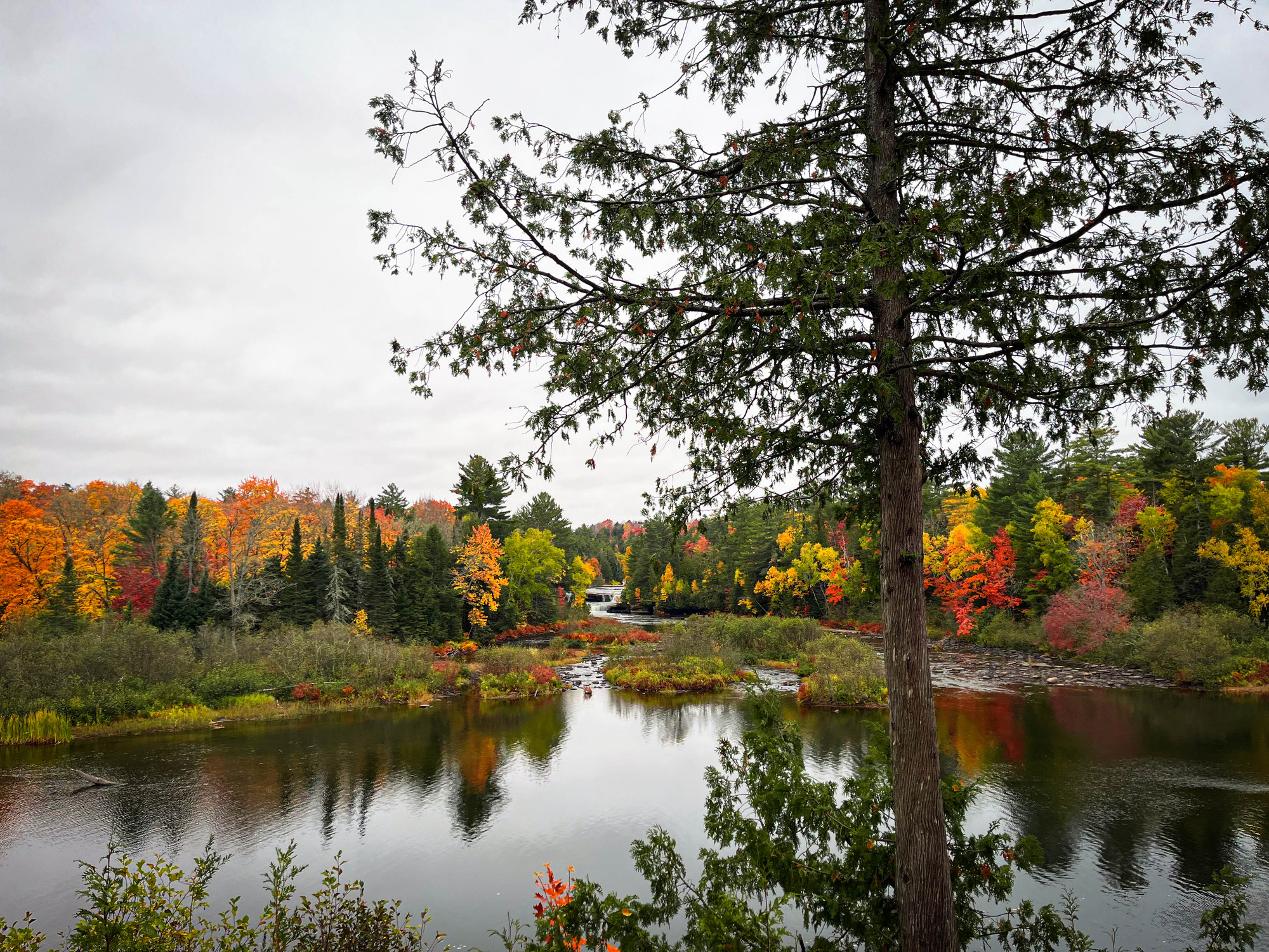 Waterfall lined with bright fall foliage across a wide river on a rainy day