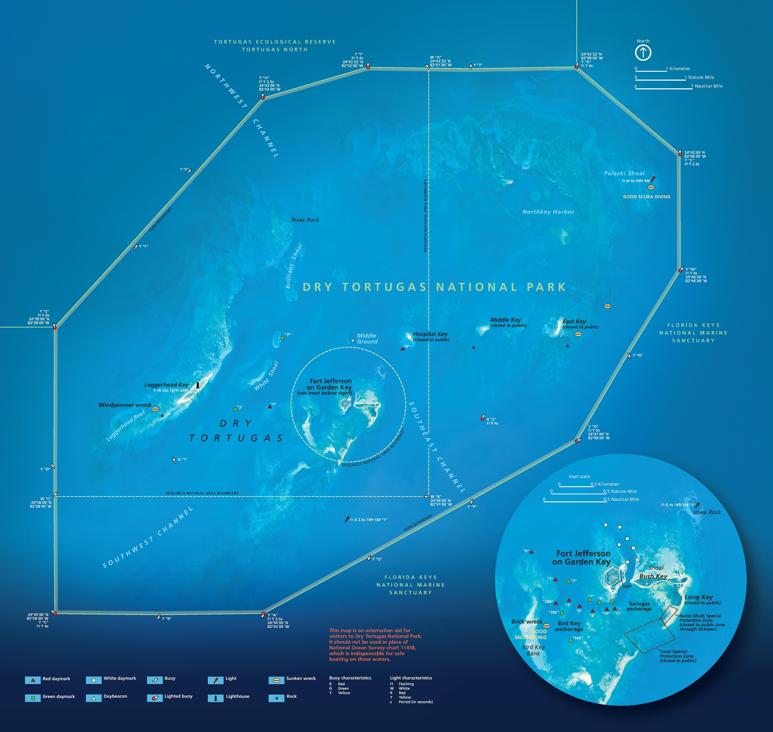 Map of Dry Tortugas National Park in Florida. The base layer of the map is mostly open water rendered in shades of blue, with some lighter coloration for the small islands and coral reefs scattered throughout the park.