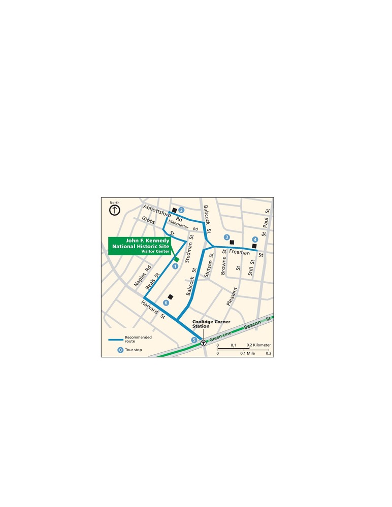 Map of John Fitzgerald Kennedy National Historic Site in Massachusetts. A blue line represents a recommended route through a web of streets past six numbered tour sites. The roads are shown in gray and the surrounding areas beige.