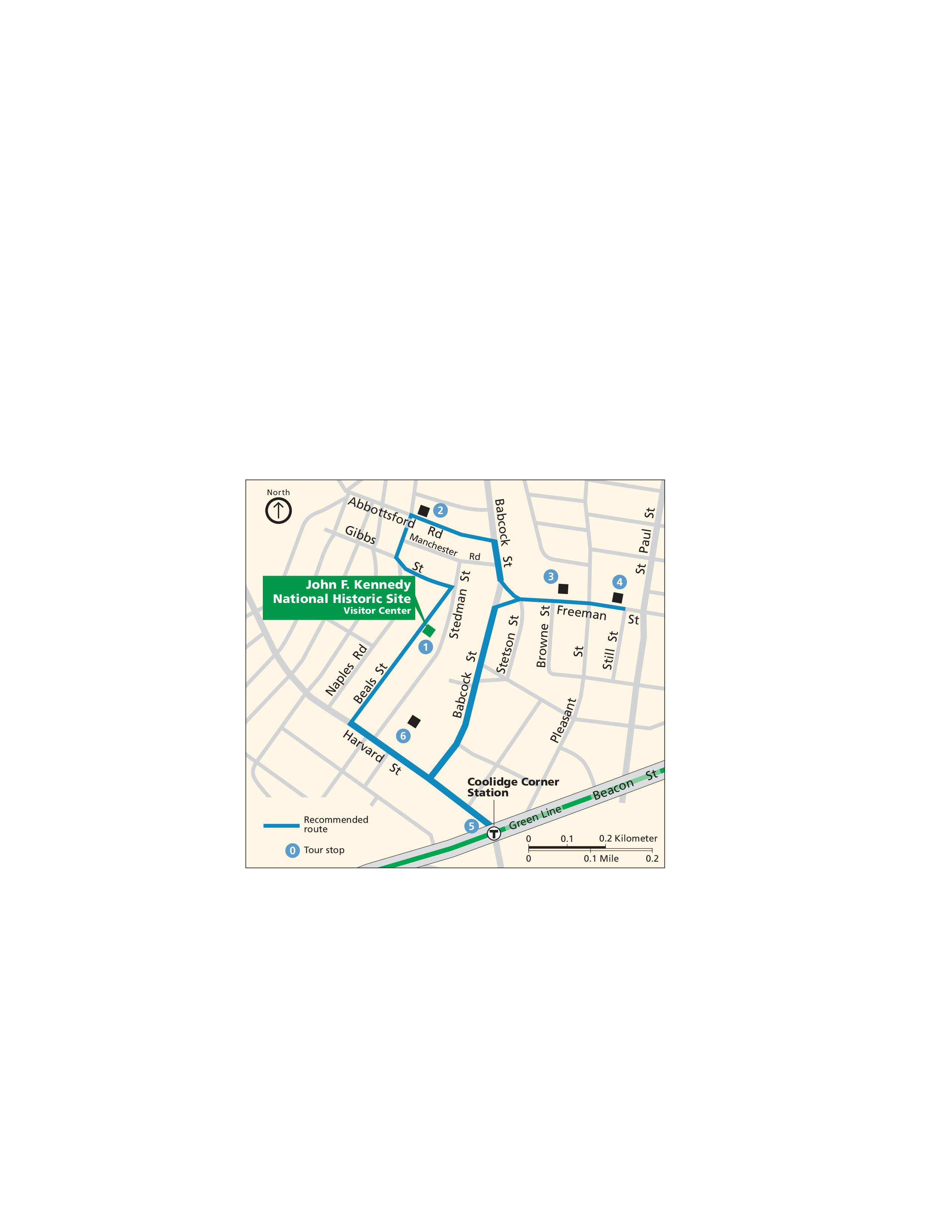 Map of John Fitzgerald Kennedy National Historic Site in Massachusetts. A blue line represents a recommended route through a web of streets past six numbered tour sites. The roads are shown in gray and the surrounding areas beige.