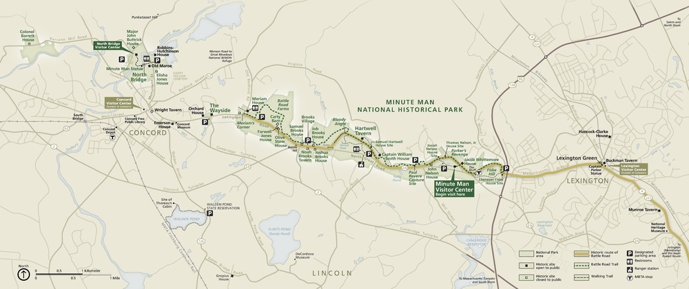 Map of Minute Man National Historical Park in Massachusetts. Sites cluster mostly in a band across the middle of this map. The park is shown in olive green and the surrounding areas in khaki brown.