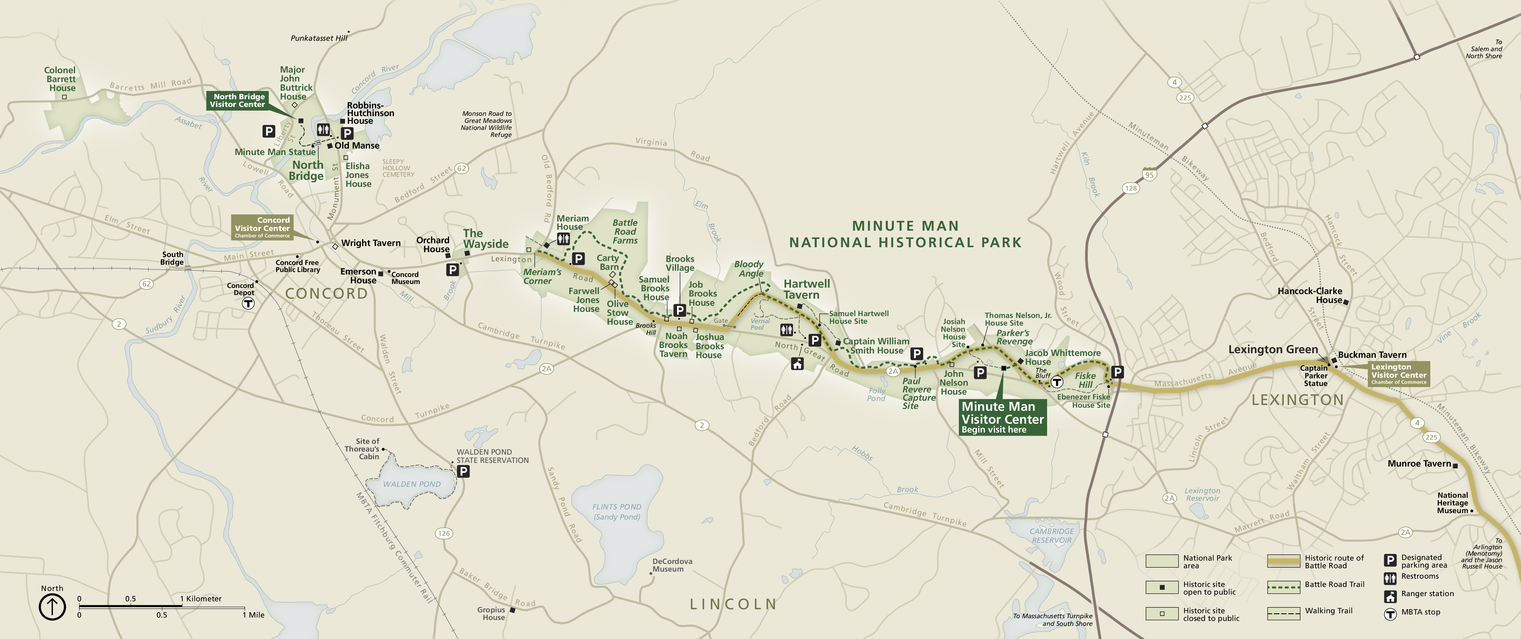 Map of Minute Man National Historical Park in Massachusetts. Sites cluster mostly in a band across the middle of this map. The park is shown in olive green and the surrounding areas in khaki brown.