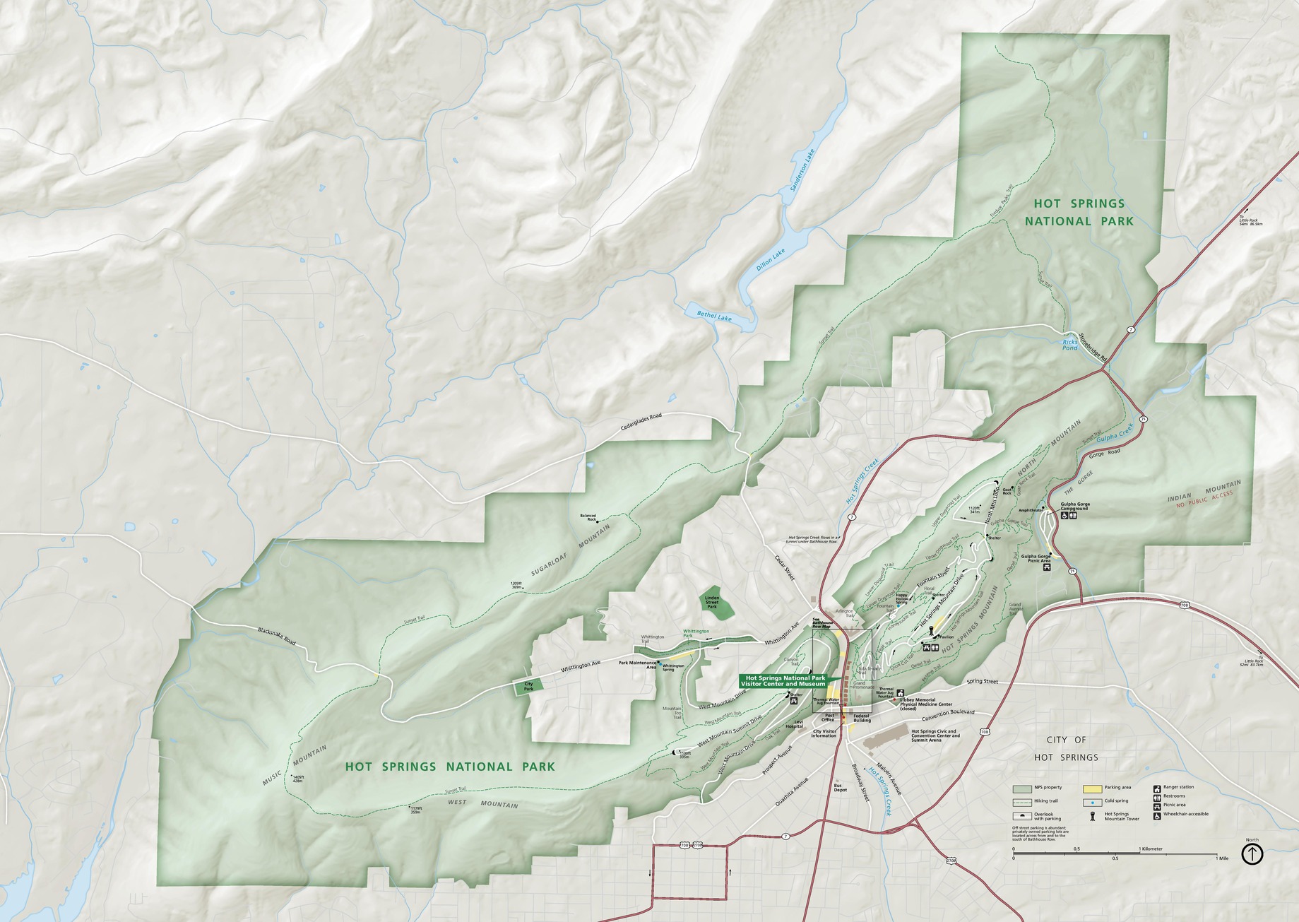 Map of Hot Springs National Park in Arkansas. The irregularly-shaped green area of the park stretches across the otherwise opalescent-white region from the bottom left to the top right corners of the map.