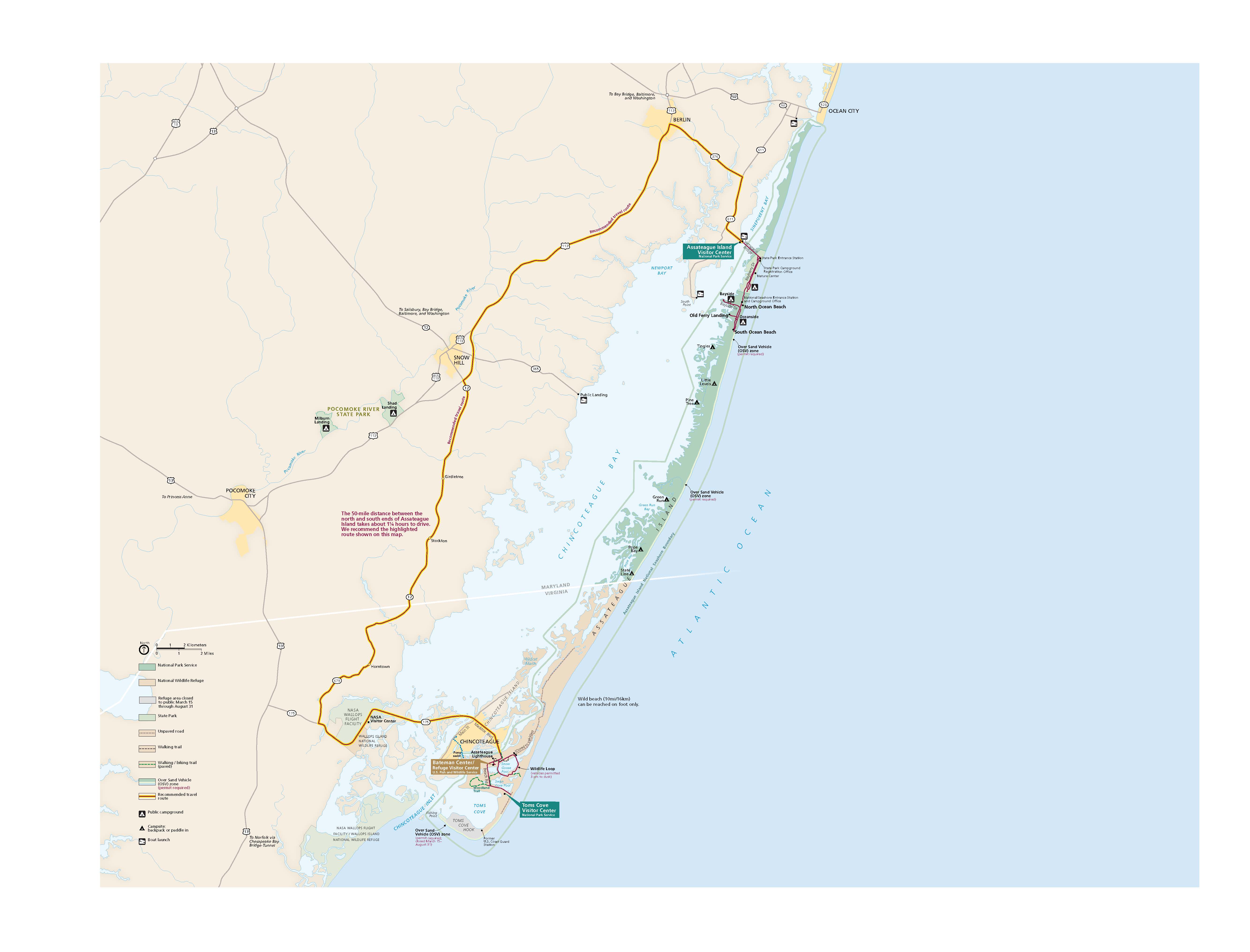 Map of Assateague Island National Seashore in Maryland. The park areas are shown in shades of green, surrounding areas are tan, towns are represented in yellow, and waterways are blue.