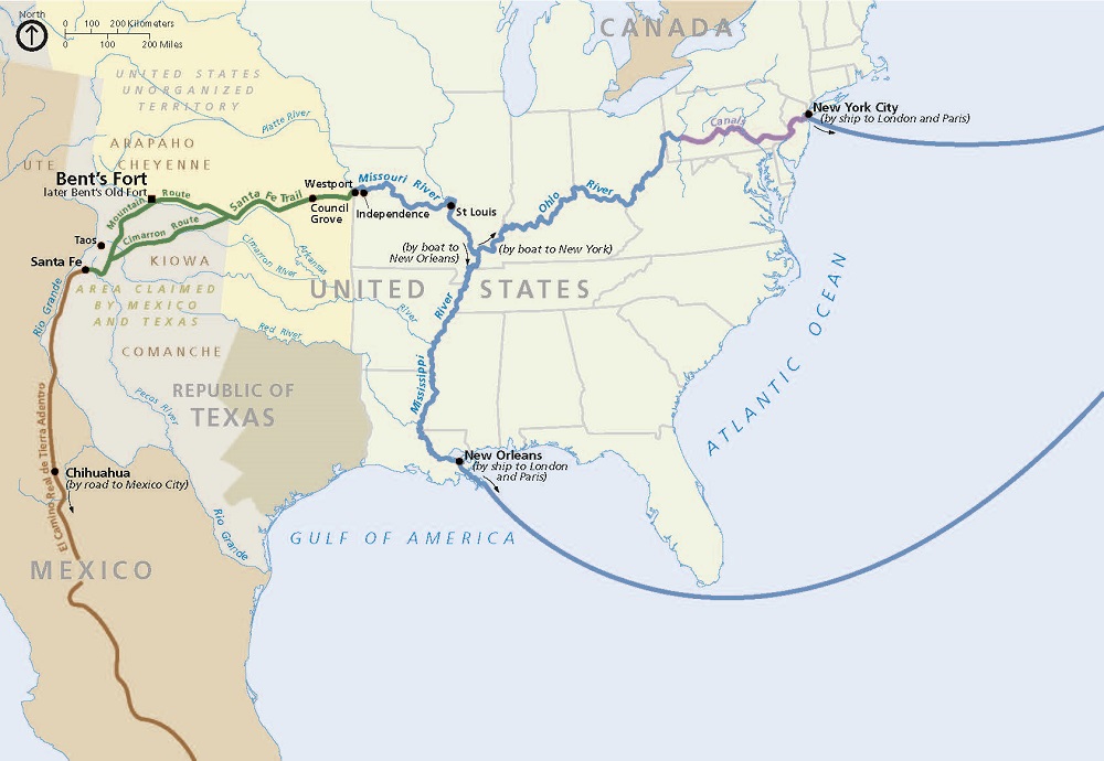 Map of the 1845 trading network for Bent’s Old Fort National Historic Site. The United States is shown in beige with the states outlined in gray but not labeled east of modern-day Texas. Green, brown, blue, and purple lines capture waterways, routes, and trails across the country.