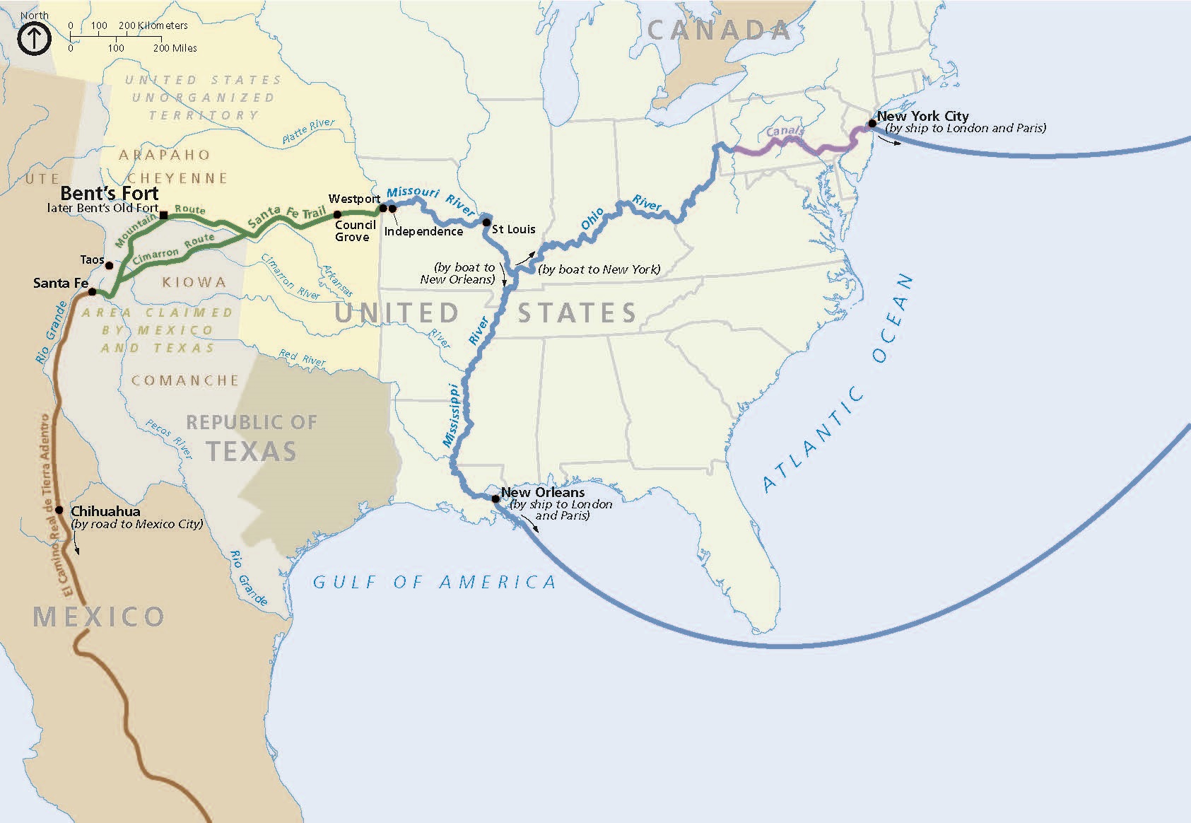 Map of the 1845 trading network for Bent’s Old Fort National Historic Site. The United States is shown in beige with the states outlined in gray but not labeled east of modern-day Texas. Green, brown, blue, and purple lines capture waterways, routes, and trails across the country.