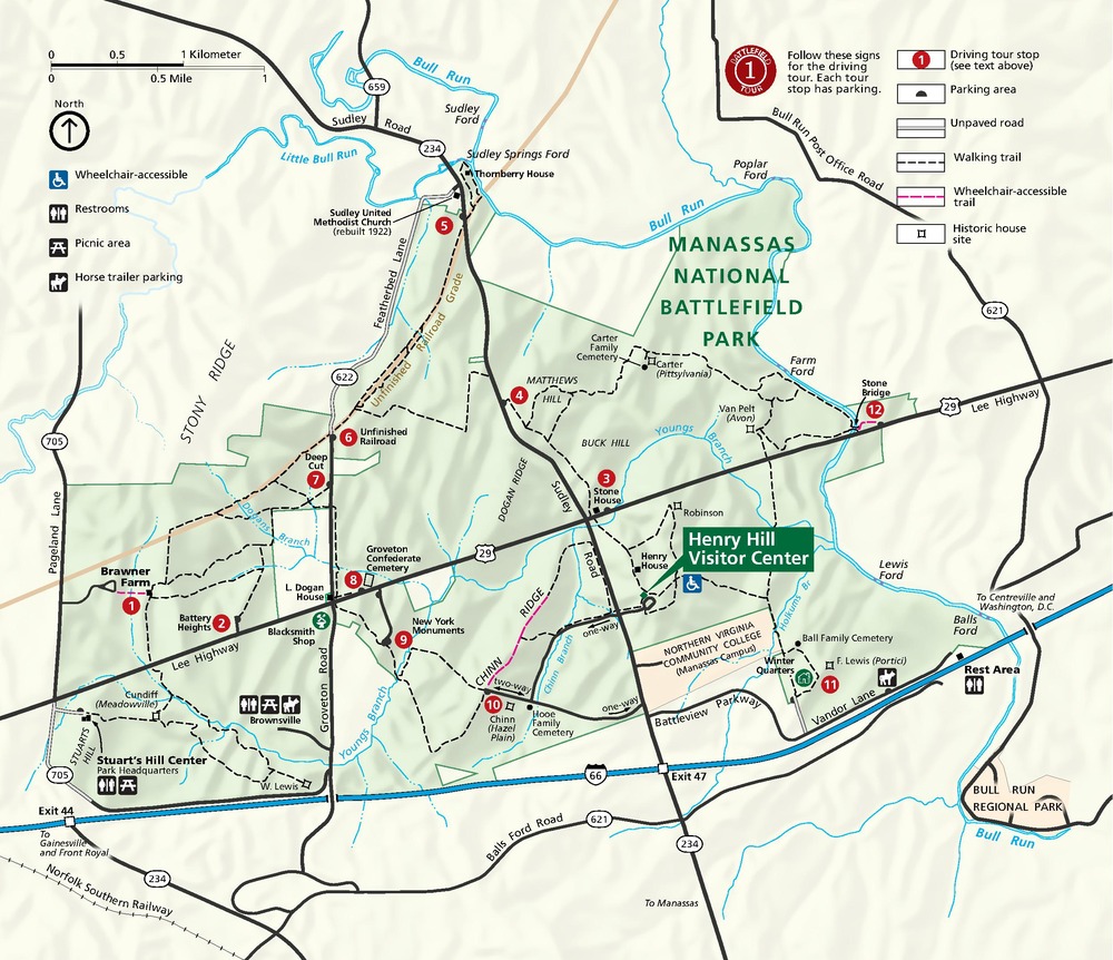 Map of Manassas National Battlefield Park in Virginia. The park grounds flare like an uneven trumpet horn and are shaded pale green directly north of the blue line that represents Interstate 66. To the west, the short end is bordered by Pageland Lane. The wide end, to the east, follows Bull Run.